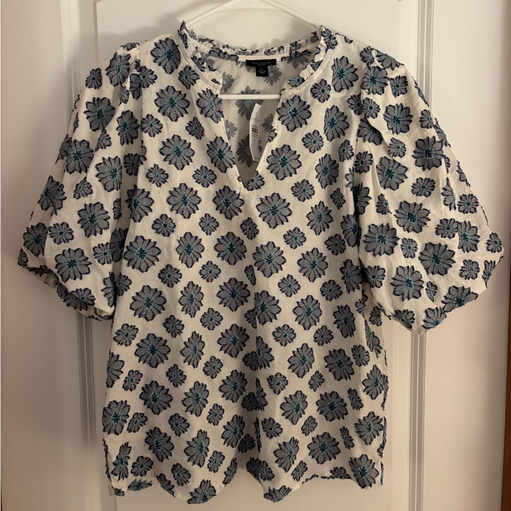 Ann Taylor Factory Teal and Cream Floral Blouse Work Office Top Shirt